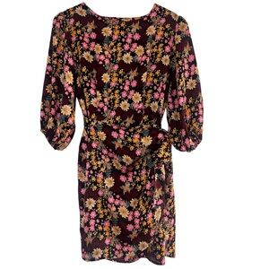 Vici Burgundy Floral Midi Dress Sash Cinch Waist Round Neck 3/4 Length Sleeves M